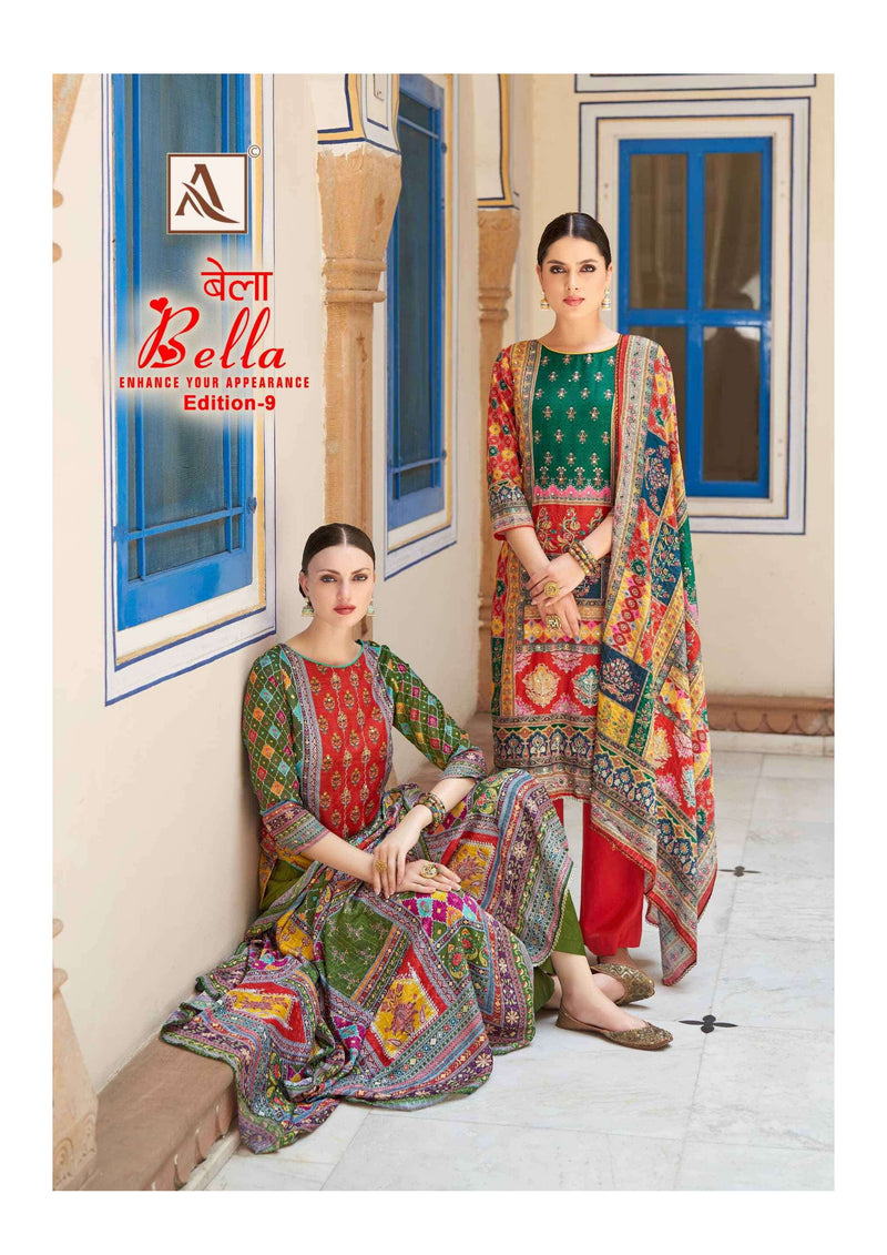 Alok Suit Bella Edition 9 Pure Muslin Digital Print Aari Mirror Hand Work Designer Salwar Suit