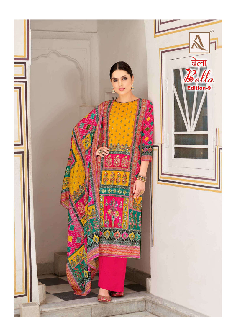 Alok Suit Bella Edition 9 Pure Muslin Digital Print Aari Mirror Hand Work Designer Salwar Suit