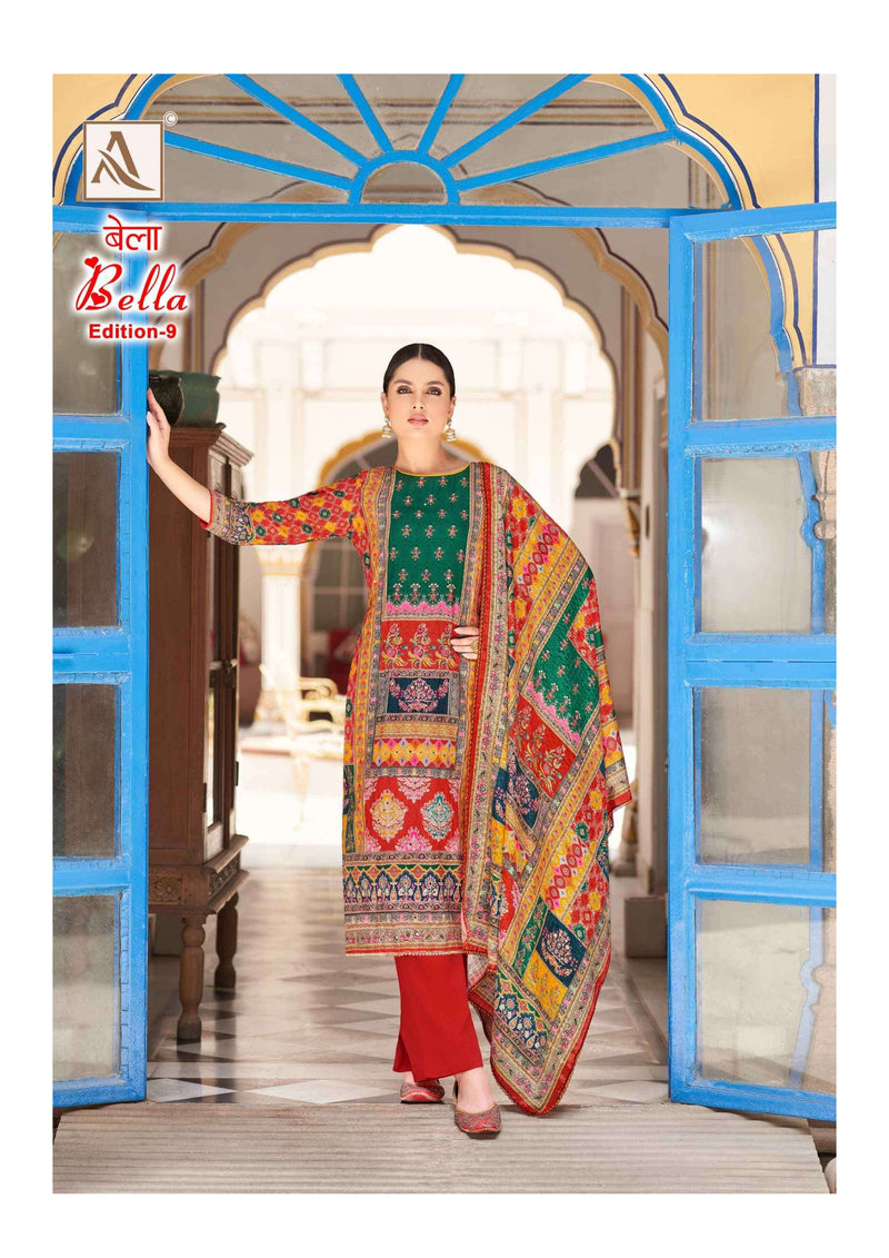 Alok Suit Bella Edition 9 Pure Muslin Digital Print Aari Mirror Hand Work Designer Salwar Suit