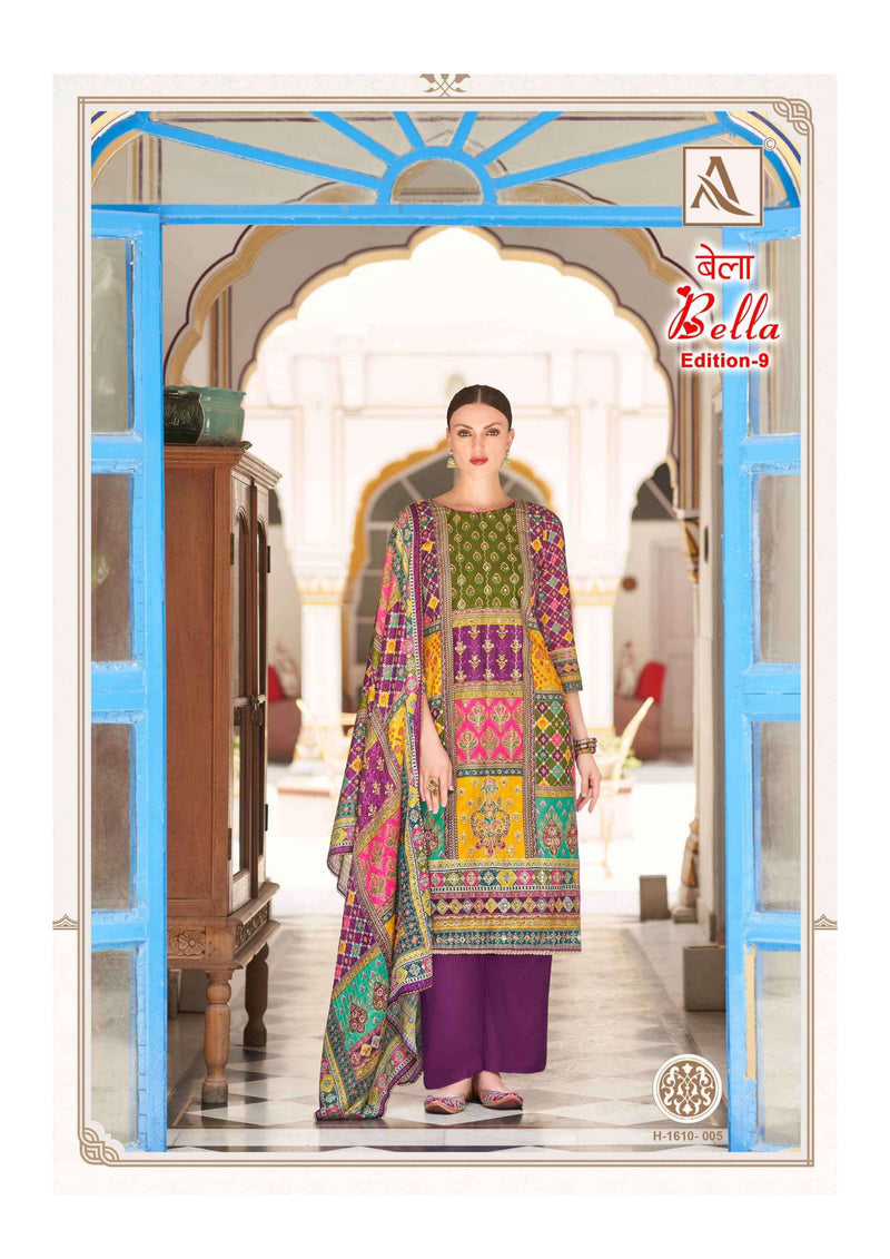 Alok Suit Bella Edition 9 Pure Muslin Digital Print Aari Mirror Hand Work Designer Salwar Suit