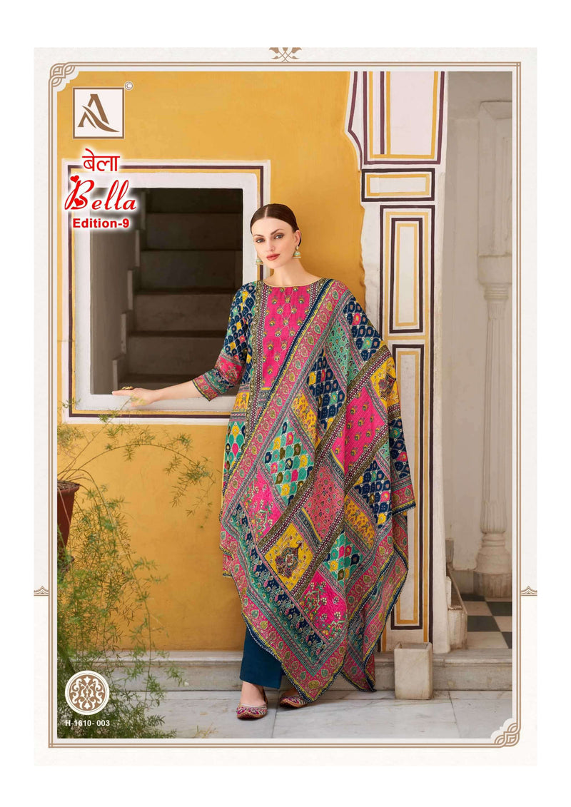 Alok Suit Bella Edition 9 Pure Muslin Digital Print Aari Mirror Hand Work Designer Salwar Suit