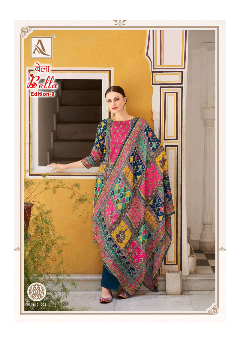 Alok Suit Bella Edition 9 Pure Muslin Digital Print Aari Mirror Hand Work Designer Salwar Suit