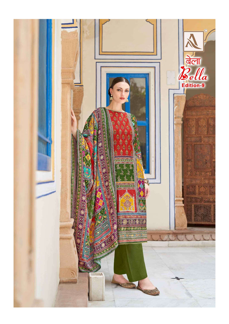 Alok Suit Bella Edition 9 Pure Muslin Digital Print Aari Mirror Hand Work Designer Salwar Suit