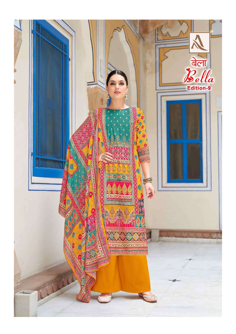 Alok Suit Bella Edition 9 Pure Muslin Digital Print Aari Mirror Hand Work Designer Salwar Suit