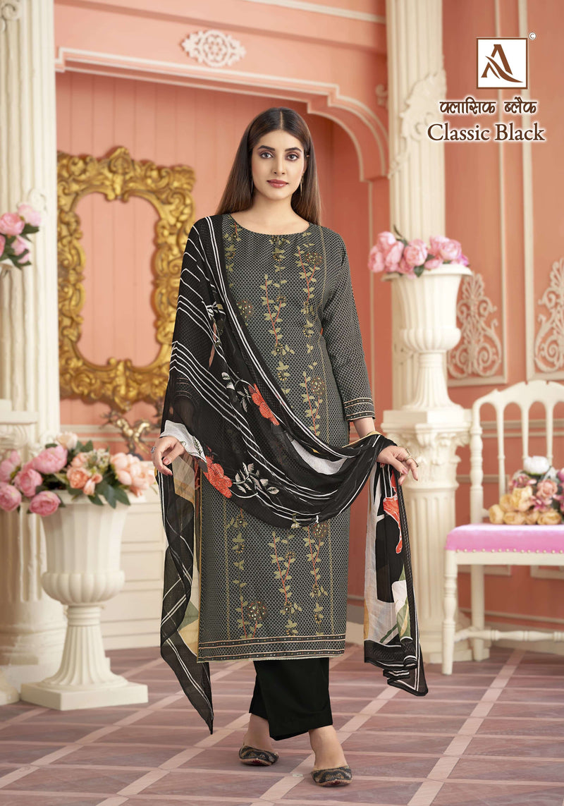 Alok Suits Classic Black Viscose Maslin Designer Digital Print Hand Work Unstitched Salwar Suit
