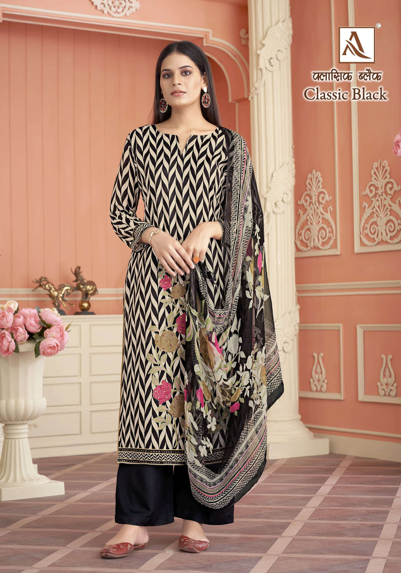 Alok Suits Classic Black Viscose Maslin Designer Digital Print Hand Work Unstitched Salwar Suit
