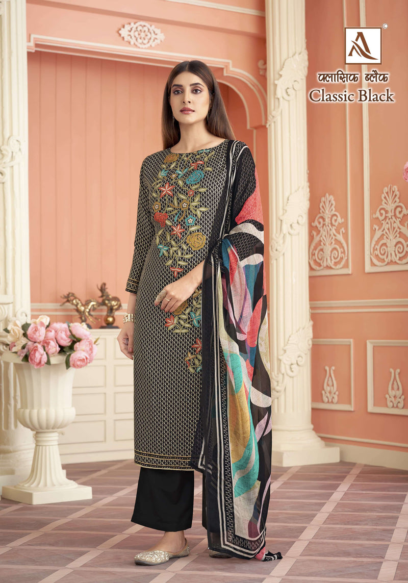 Alok Suits Classic Black Viscose Maslin Designer Digital Print Hand Work Unstitched Salwar Suit