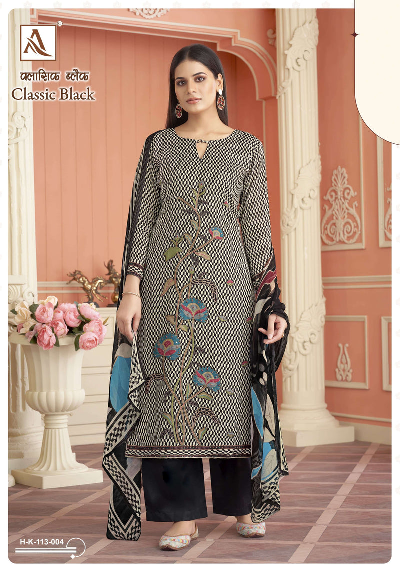 Alok Suits Classic Black Viscose Maslin Designer Digital Print Hand Work Unstitched Salwar Suit
