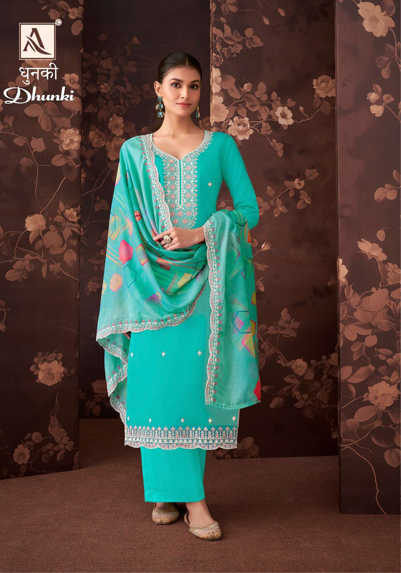 Alok Suits Dhunki Jam Cotton Luckhnawi Thread Embroidery Work Designer Salwar Suit