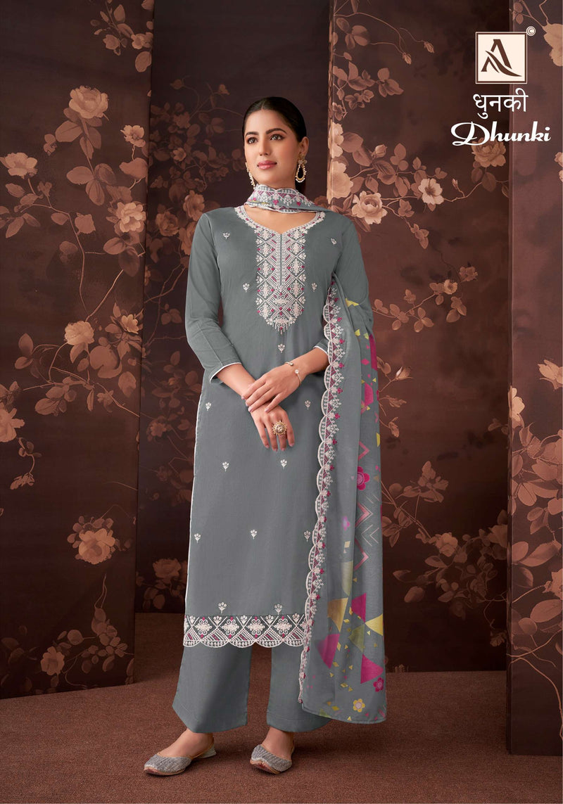 Alok Suits Dhunki Jam Cotton Luckhnawi Thread Embroidery Work Designer Salwar Suit
