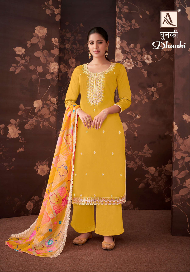 Alok Suits Dhunki Jam Cotton Luckhnawi Thread Embroidery Work Designer Salwar Suit