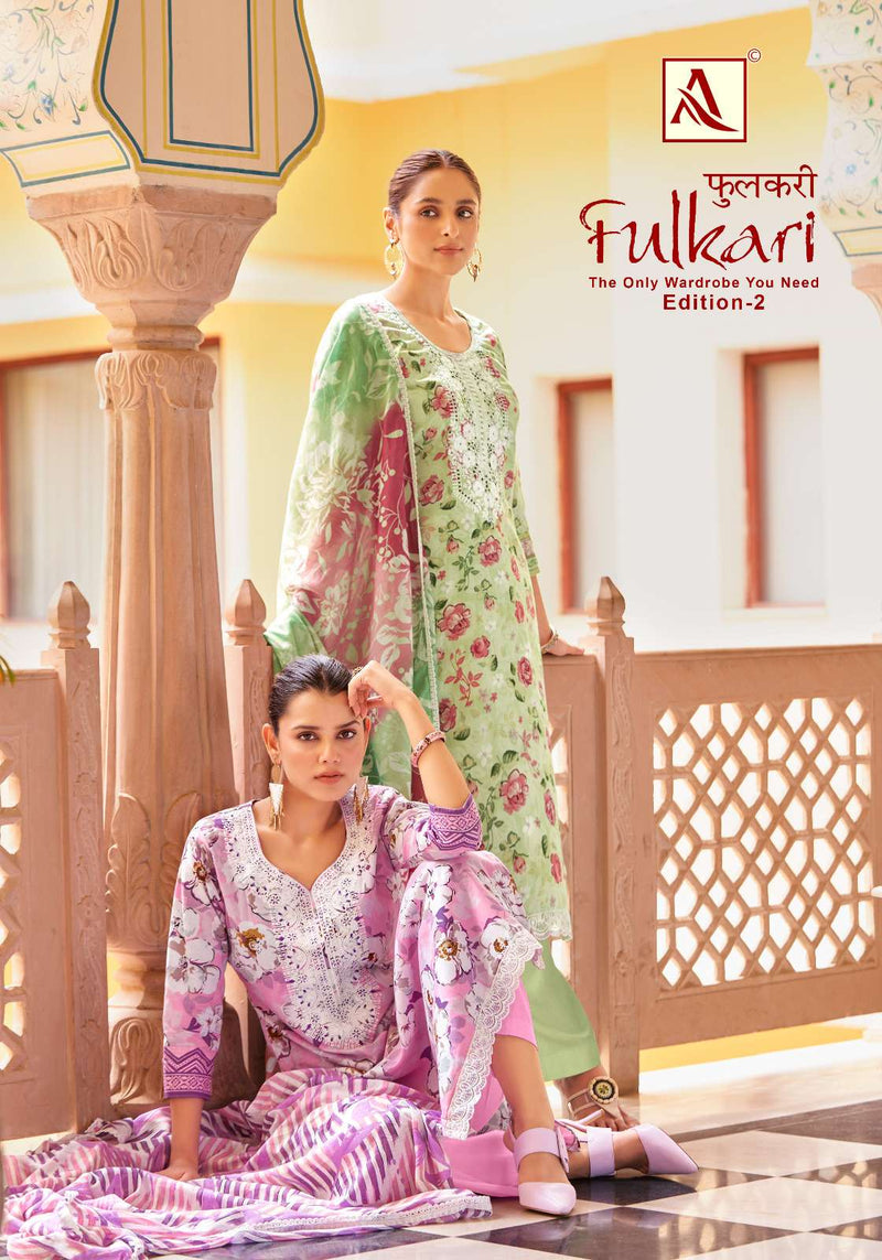 Alok Suits Fulkari Vol 2 Cambric Cotton Floral Print With Fancy Embroidery Work Unstitched Salwar Suit