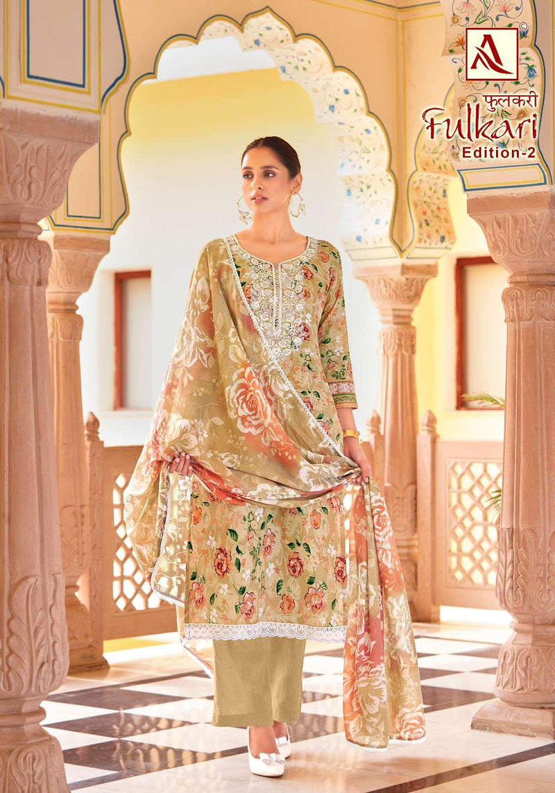 Alok Suits Fulkari Vol 2 Cambric Cotton Floral Print With Fancy Embroidery Work Unstitched Salwar Suit