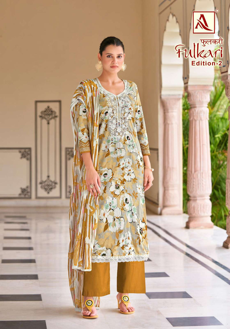 Alok Suits Fulkari Vol 2 Cambric Cotton Floral Print With Fancy Embroidery Work Unstitched Salwar Suit
