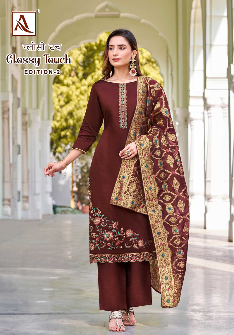 Alok Suit Glossy Touch Vol 2 Pure Zam Designer Embroidery Fancy Salwar Kameez