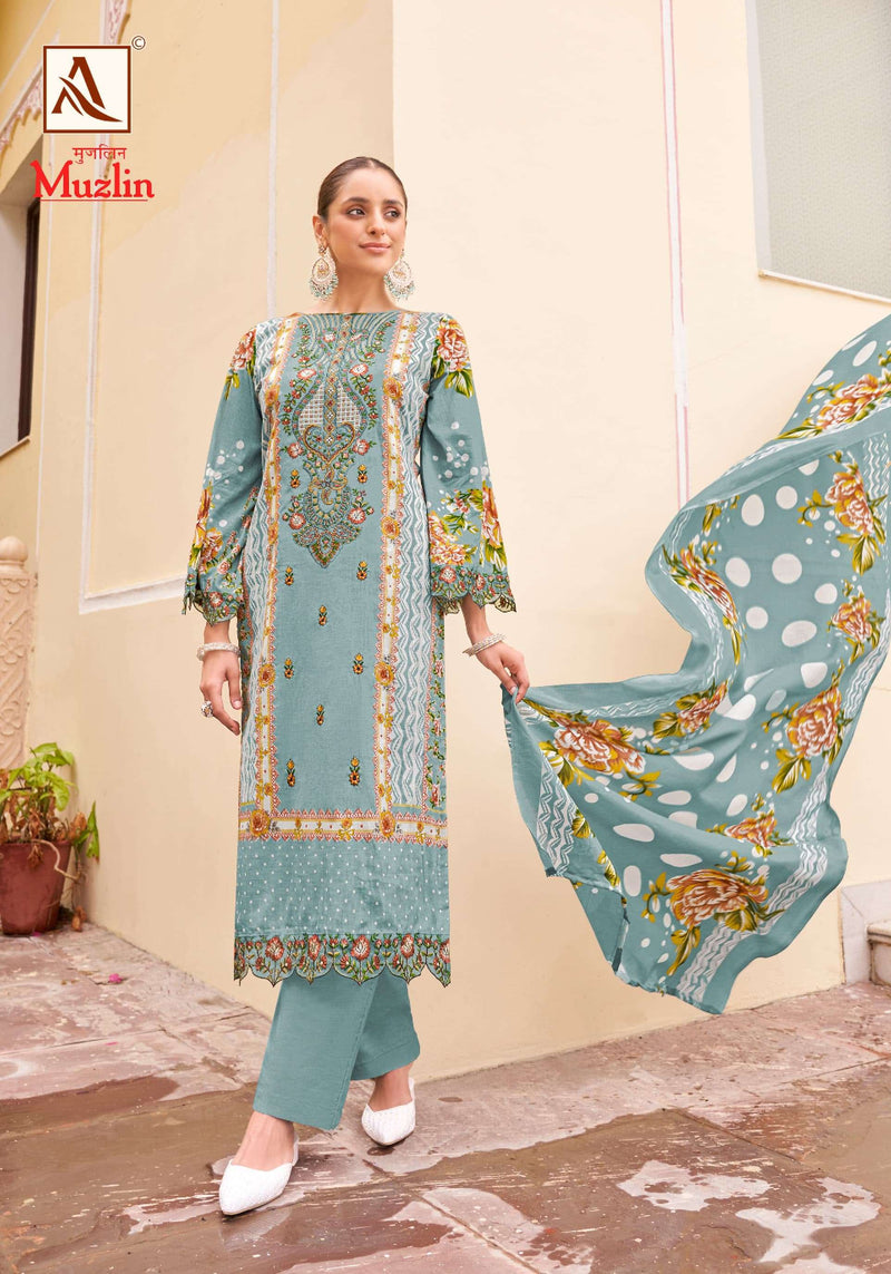 Alok Suits Muzlin Cambric Cotton Pakistani Print With Fancy Embroidery Unstitched Salwar Suit