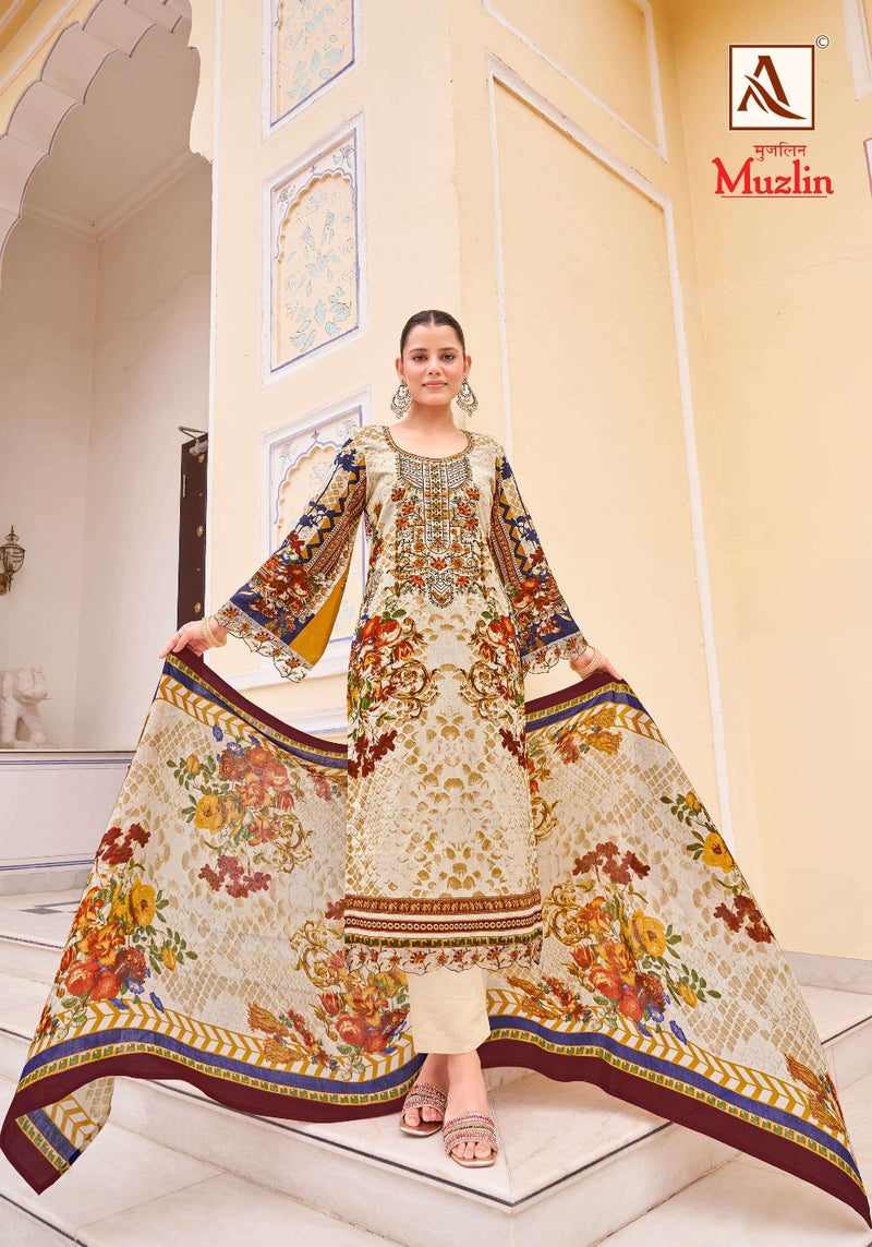 Alok Suits Muzlin Cambric Cotton Pakistani Print With Fancy Embroidery Unstitched Salwar Suit