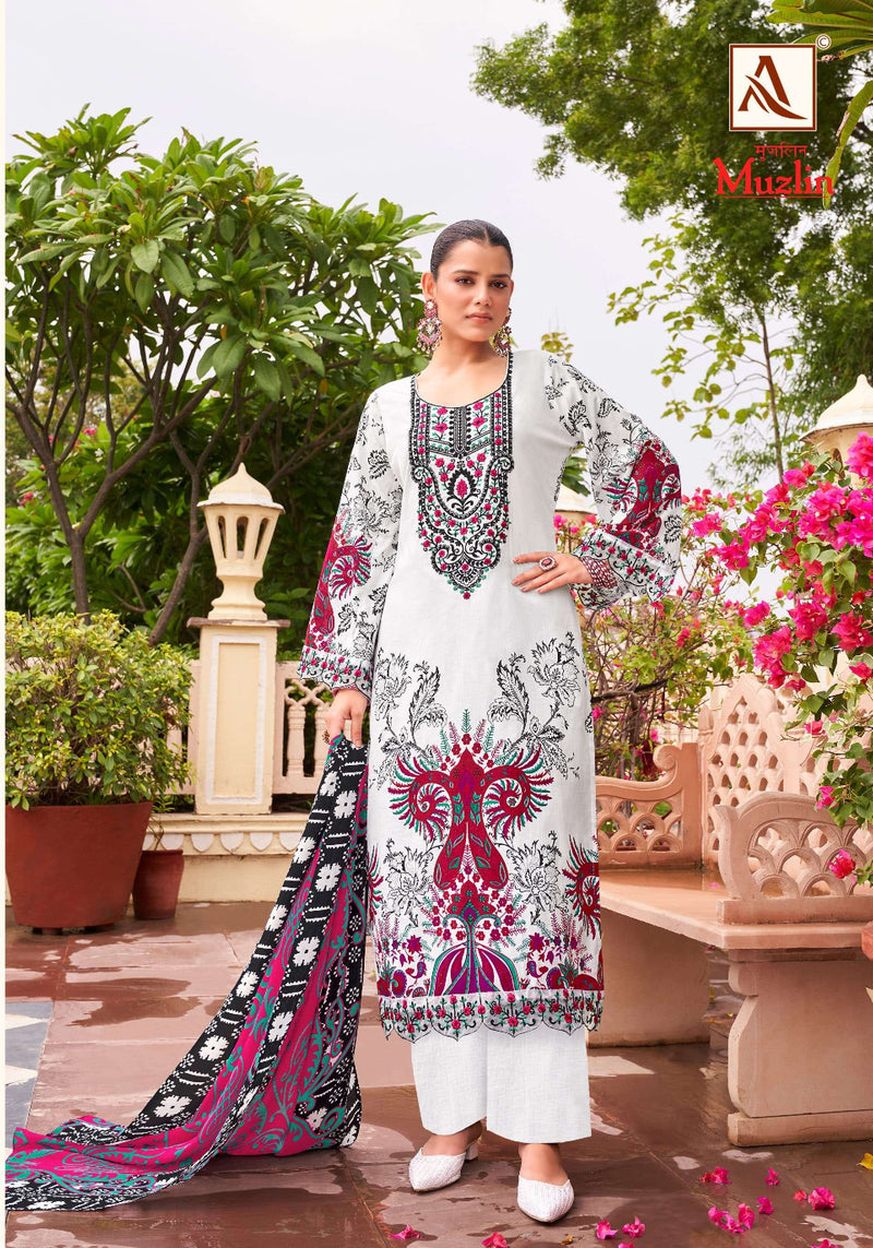 Alok Suits Muzlin Cambric Cotton Pakistani Print With Fancy Embroidery Unstitched Salwar Suit