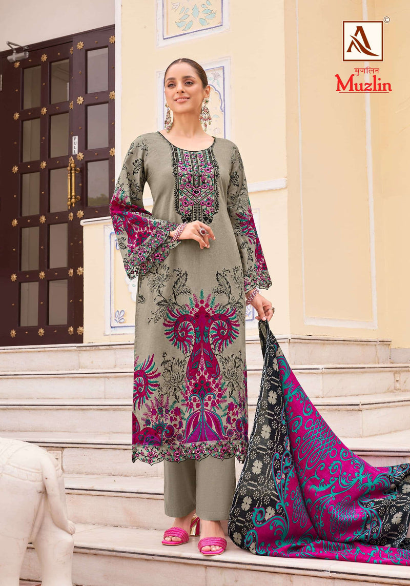 Alok Suits Muzlin Cambric Cotton Pakistani Print With Fancy Embroidery Unstitched Salwar Suit