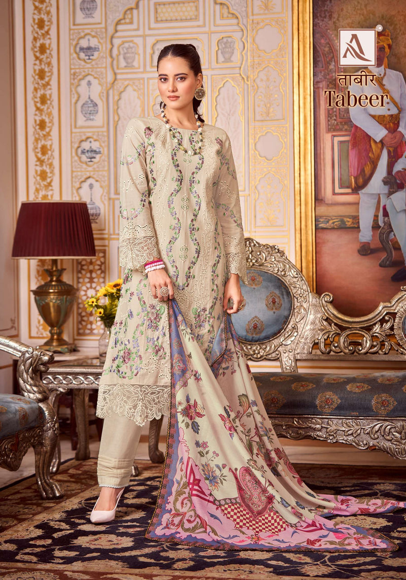 Alok Suits Tabeer Viscose Pakistani Embroidery Work With Cotton Mal Mal Digital Print Dupatta Suit