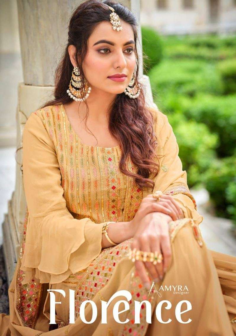 Amyra Designer Florence Georgette Designer Festival Wear Kurti With Sharara & Dupatta