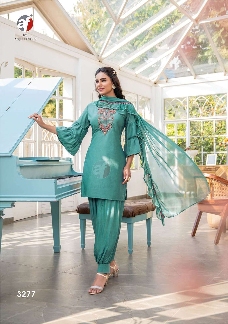 Anju Fabrics Mannat Vol 4 Silk Embroidery Kurti Afghani Pant Dupatta Set