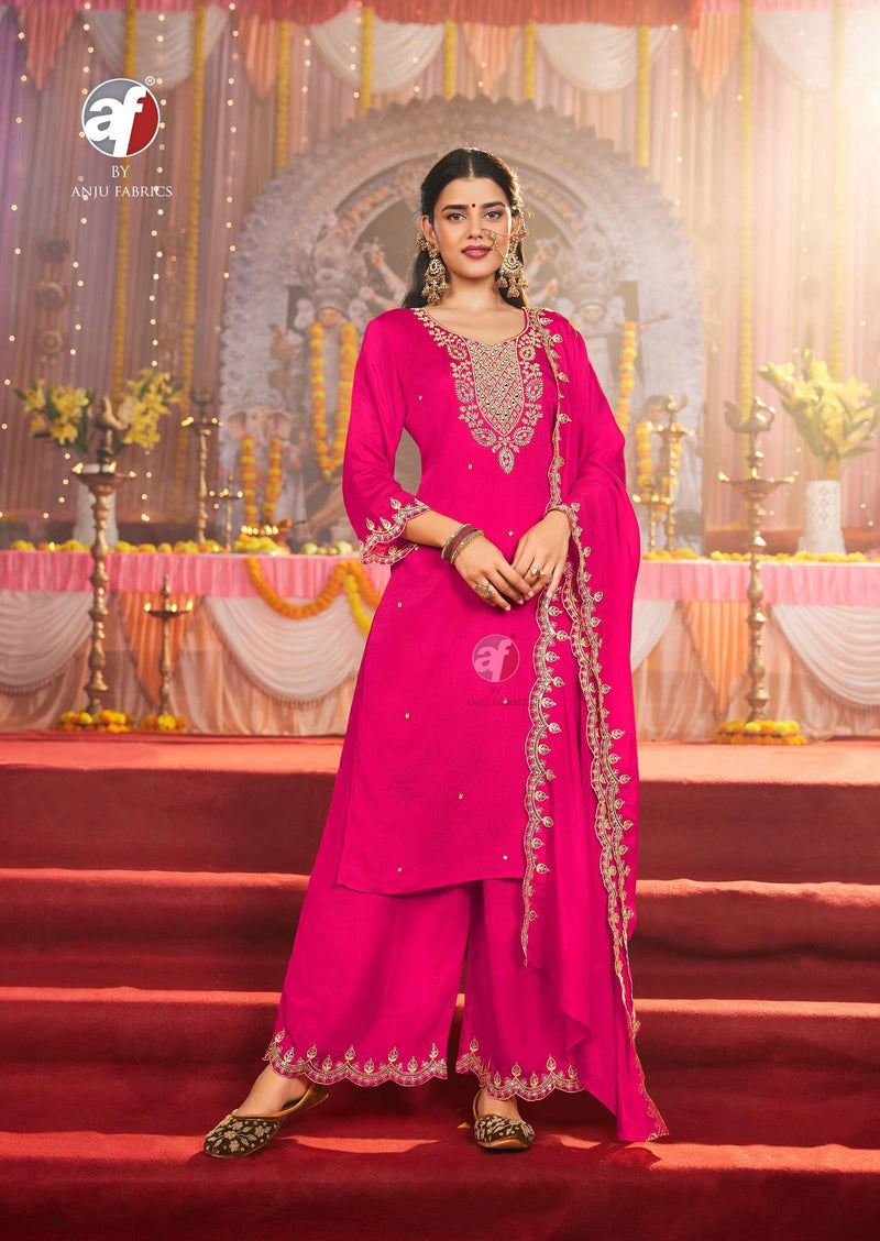 Anju Fabrics Sahiba Vol 6 Chinon Hand Work Festiv Wear Kurti Pant Dupatta Set