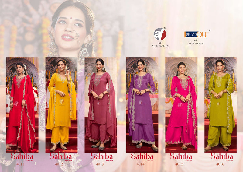 Anju Fabrics Sahiba Vol 6 Chinon Hand Work Festiv Wear Kurti Pant Dupatta Set