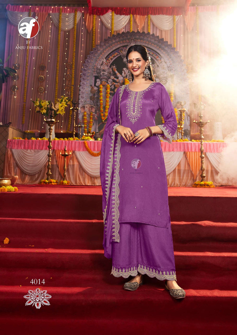 Anju Fabrics Sahiba Vol 6 Chinon Hand Work Festiv Wear Kurti Pant Dupatta Set