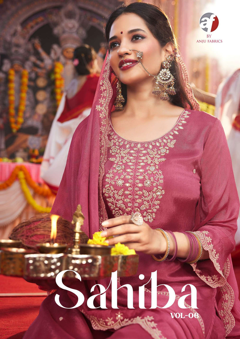 Anju Fabrics Sahiba Vol 6 Chinon Hand Work Festiv Wear Kurti Pant Dupatta Set