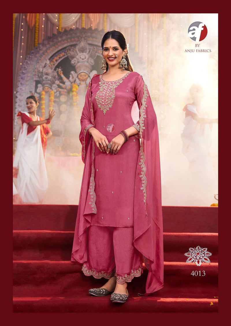 Anju Fabrics Sahiba Vol 6 Chinon Hand Work Festiv Wear Kurti Pant Dupatta Set