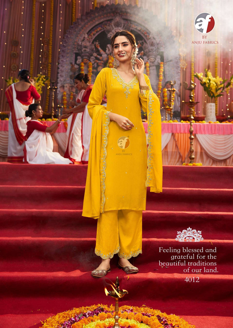 Anju Fabrics Sahiba Vol 6 Chinon Hand Work Festiv Wear Kurti Pant Dupatta Set