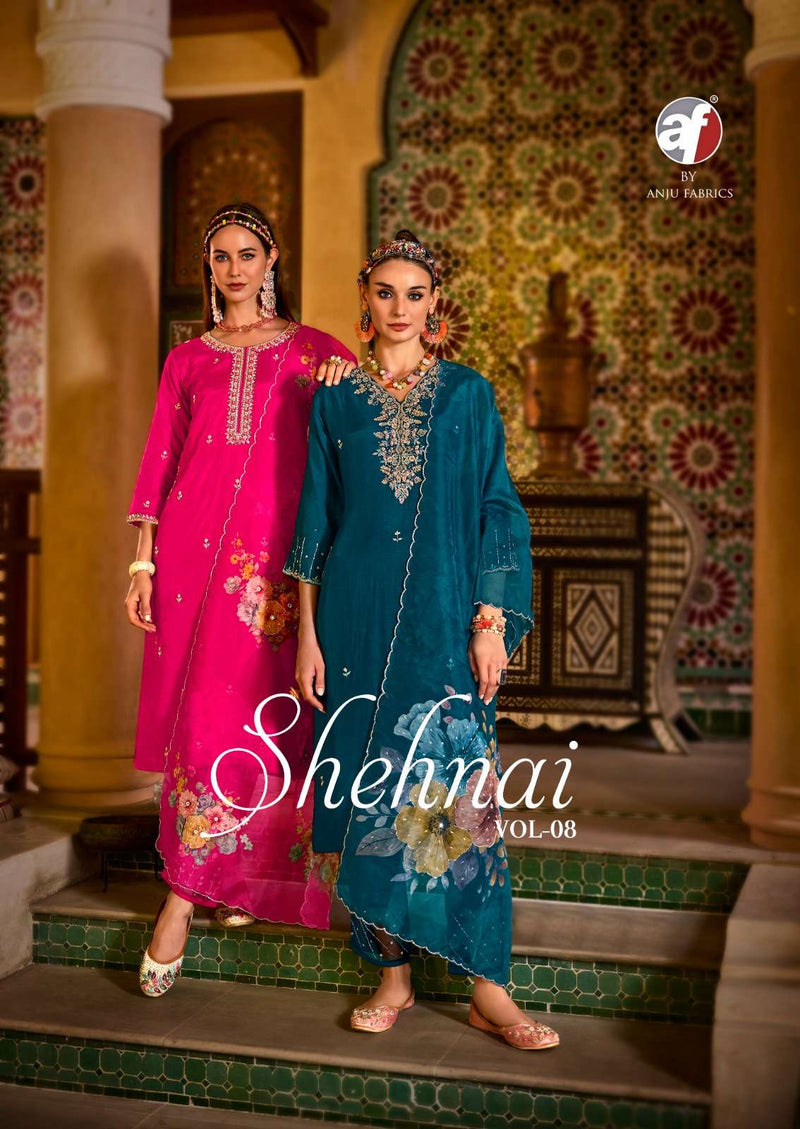Anju Fabrics Shehnai Vol 8 Dola Silk Heavy Hand Work Designer Wedding Wear Kurti Pant Dupatta Set