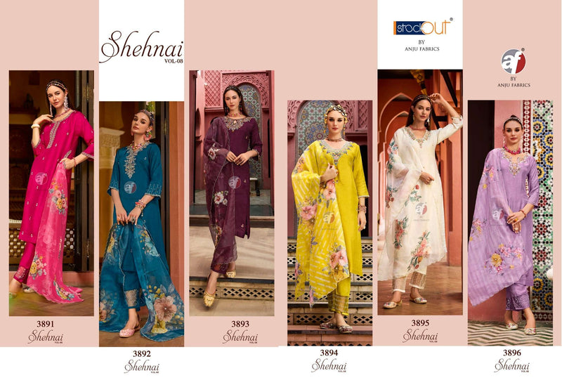 Anju Fabrics Shehnai Vol 8 Dola Silk Heavy Hand Work Designer Wedding Wear Kurti Pant Dupatta Set