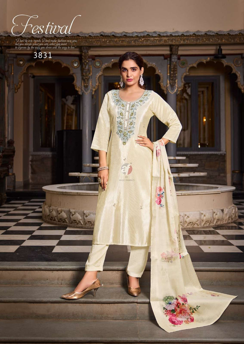 Anju Fabrics Silk Affair Vol 4 Tissu Shimmer Casual Wear Kurti Pant Heavy Dupatta Set