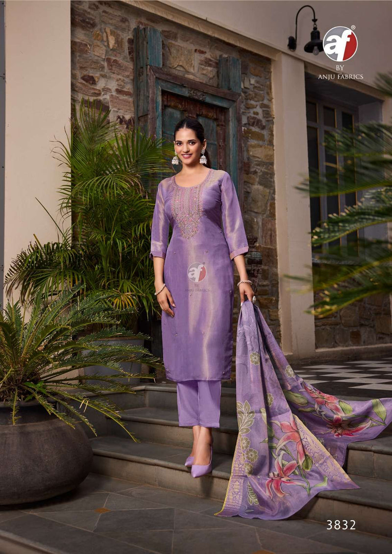 Anju Fabrics Silk Affair Vol 4 Tissu Shimmer Casual Wear Kurti Pant Heavy Dupatta Set