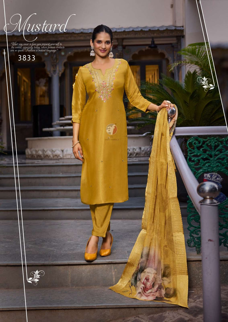 Anju Fabrics Silk Affair Vol 4 Tissu Shimmer Casual Wear Kurti Pant Heavy Dupatta Set