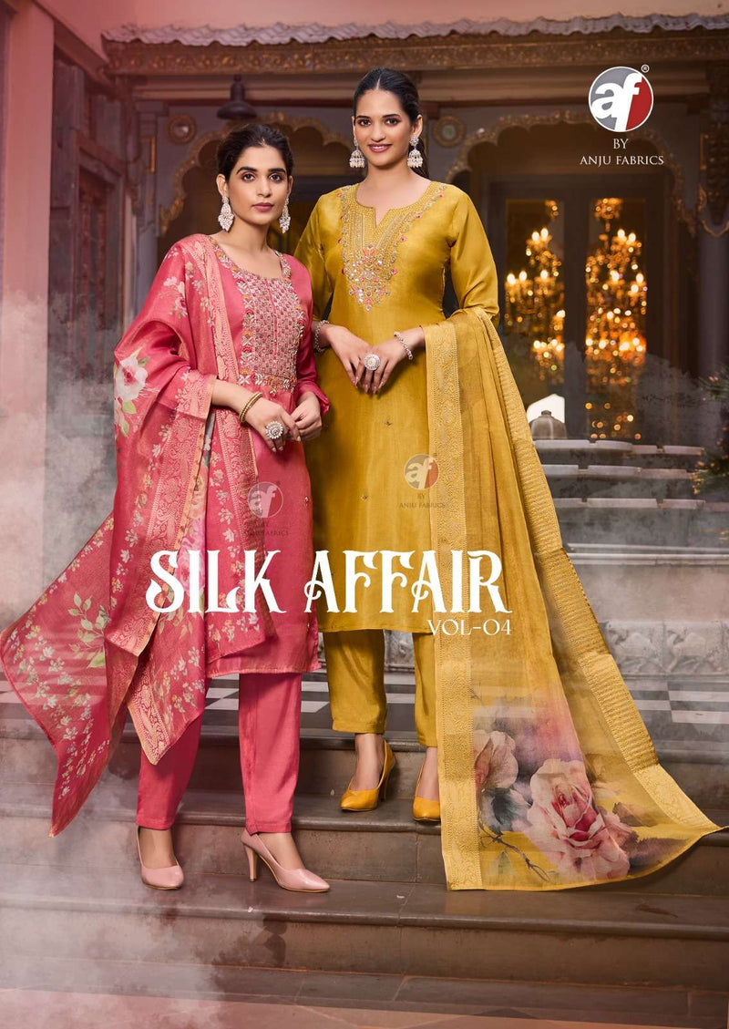 Anju Fabrics Silk Affair Vol 4 Tissu Shimmer Casual Wear Kurti Pant Heavy Dupatta Set
