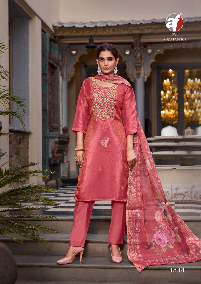 Anju Fabrics Silk Affair Vol 4 Tissu Shimmer Casual Wear Kurti Pant Heavy Dupatta Set