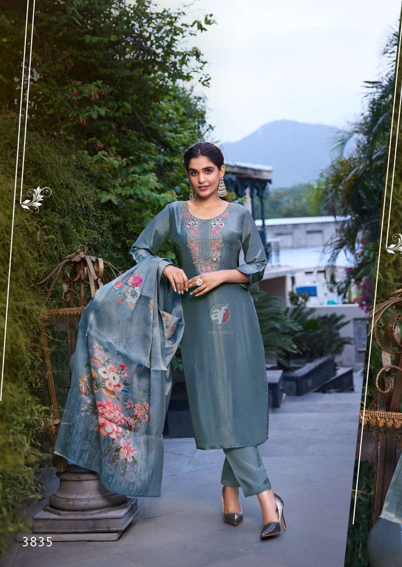 Anju Fabrics Silk Affair Vol 4 Tissu Shimmer Casual Wear Kurti Pant Heavy Dupatta Set