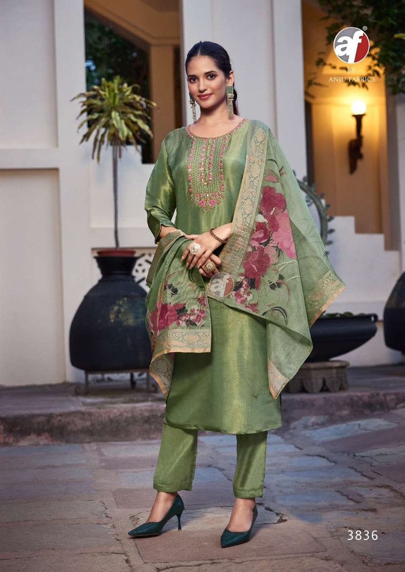 Anju Fabrics Silk Affair Vol 4 Tissu Shimmer Casual Wear Kurti Pant Heavy Dupatta Set