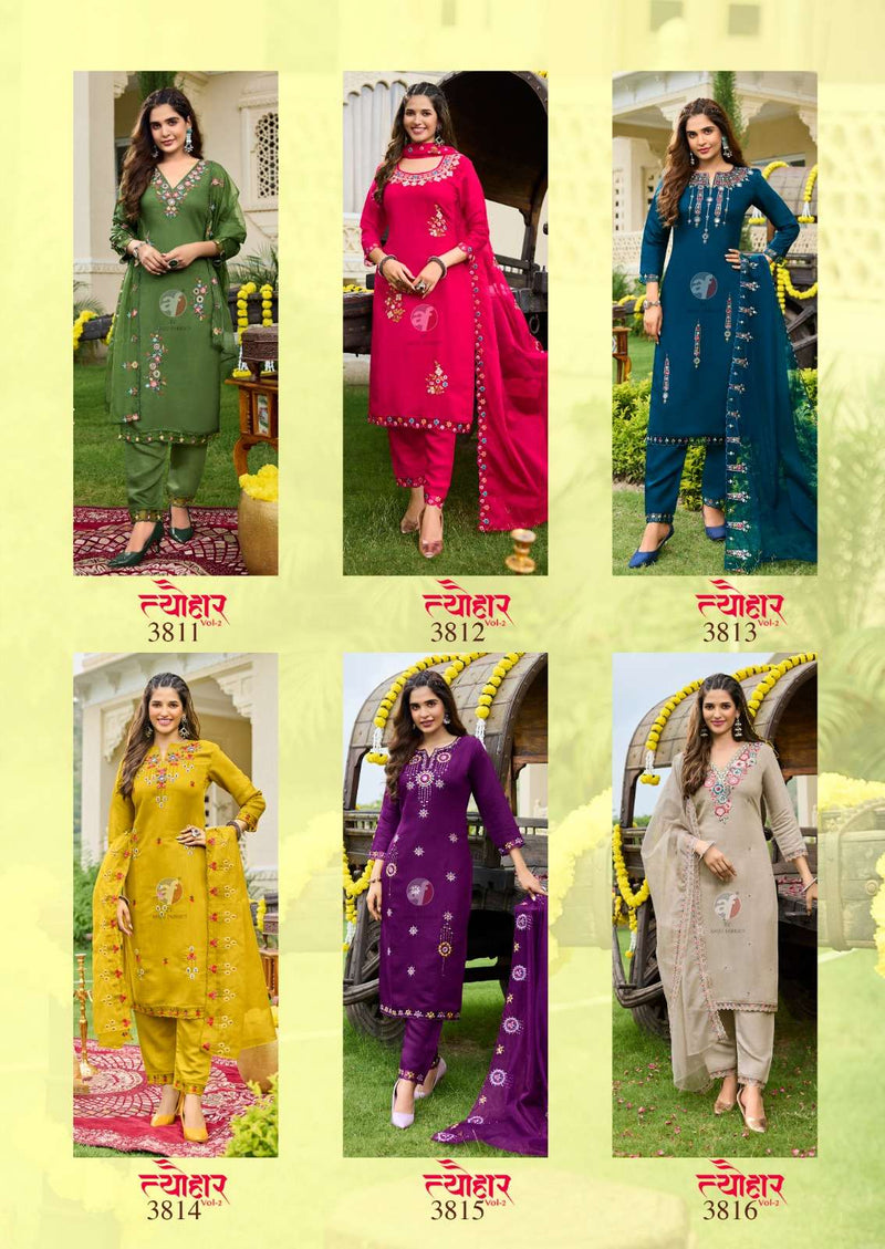 Anju Fabrics Tyohaar Vol 2 Viscose Bamber With Slub Festival Wear Kurti Pant Dupatta Set