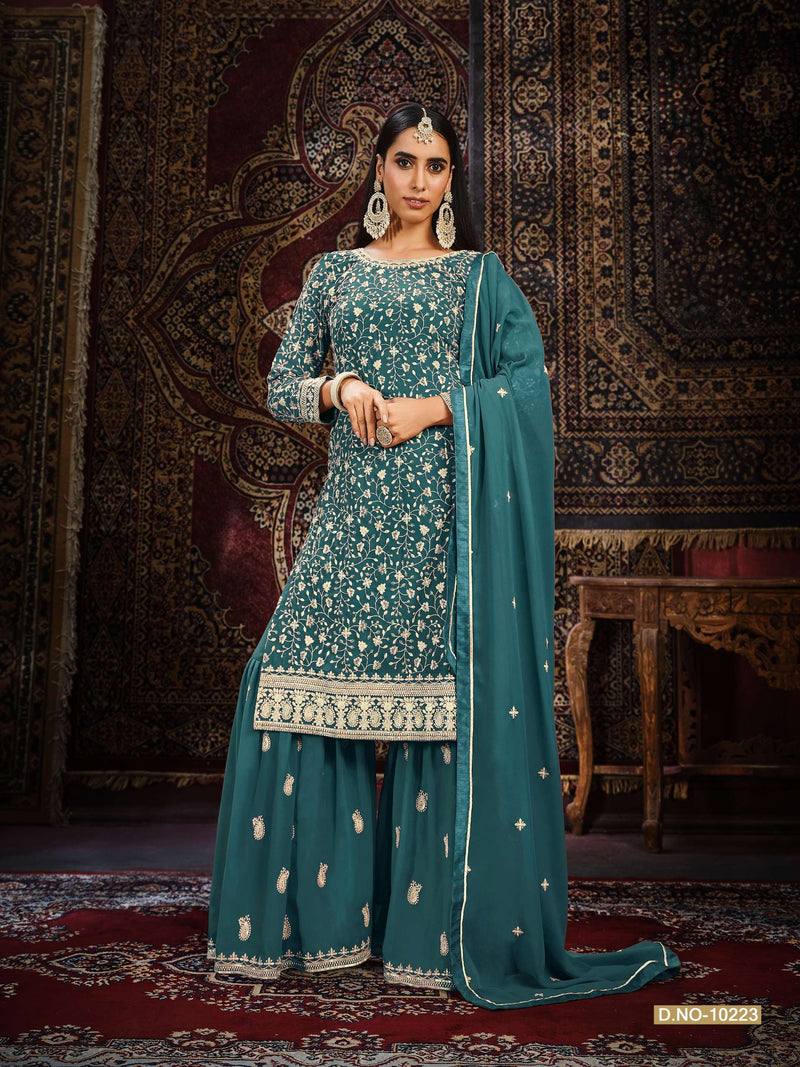 Anjubaa Vol 22 Faux Georgette Fancy Work Sharara Style Salwar Kameez