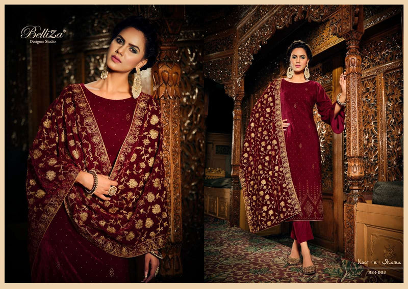 Belliza Designer Studio Noor E Shama Pure velvet Heavy Embroidery Salwar Suit Collection