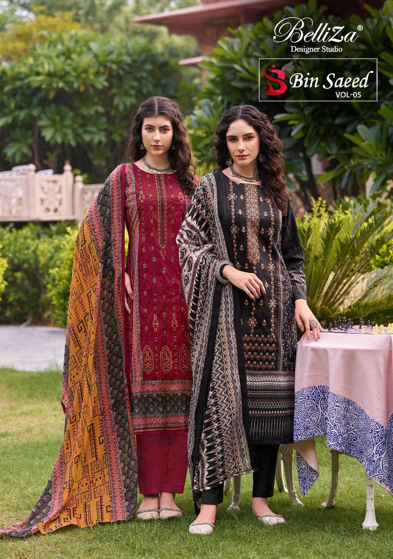 Belliza Designer Studio Bin Saeed Vol 5 Cotton Embroidery Designer Salwar Suit