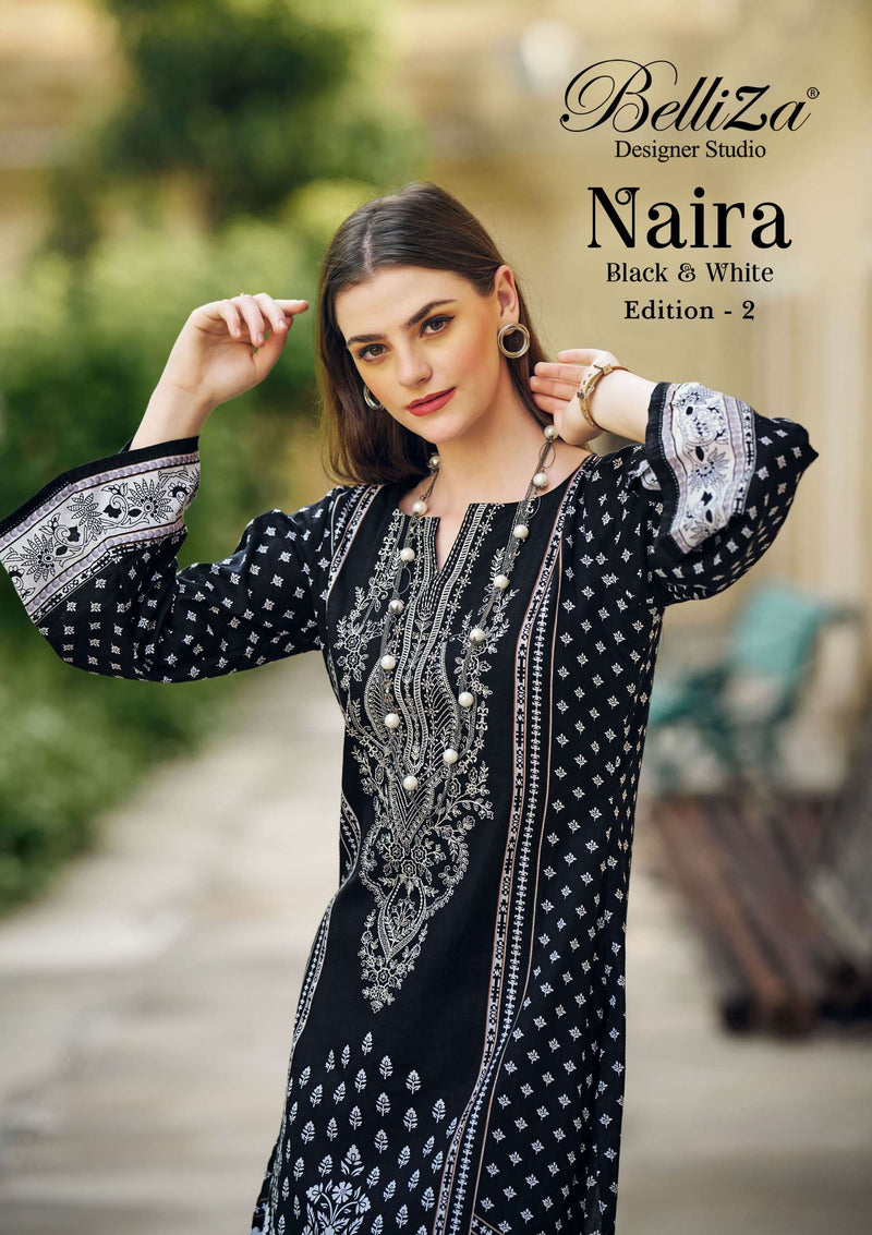 Belliza Designer Studio Naira Black And White 2nd Edition Cotton Digital Prints Heavy Self Embroidery Suit