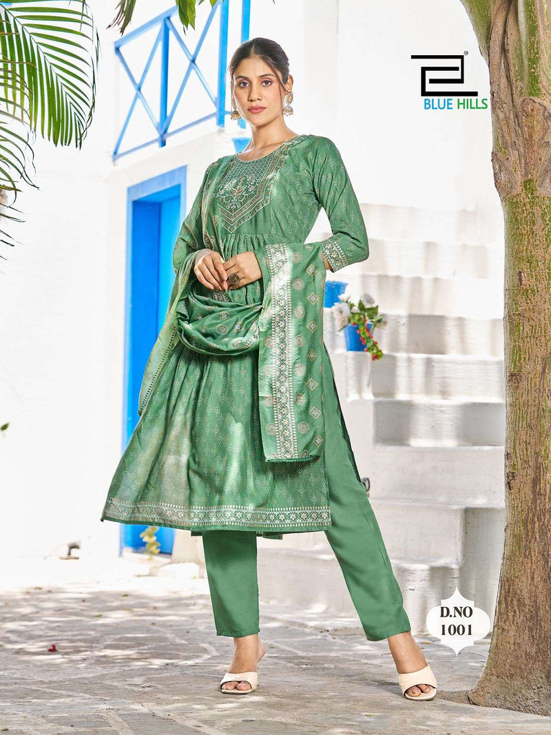 Blue Hills Present Festival Night Fancy 3pcs Set Amazing Nayra Cut Kurti With Pant And Chanderi Dupatta