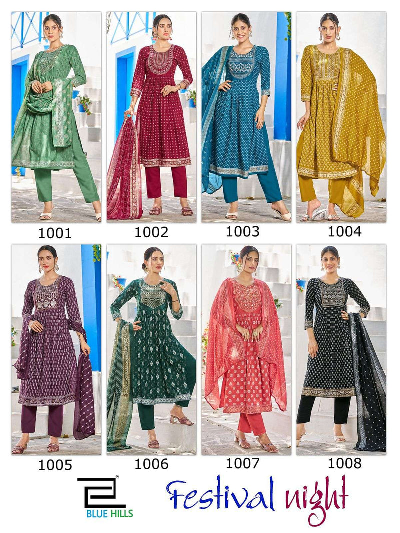 Blue Hills Present Festival Night Fancy 3pcs Set Amazing Nayra Cut Kurti With Pant And Chanderi Dupatta