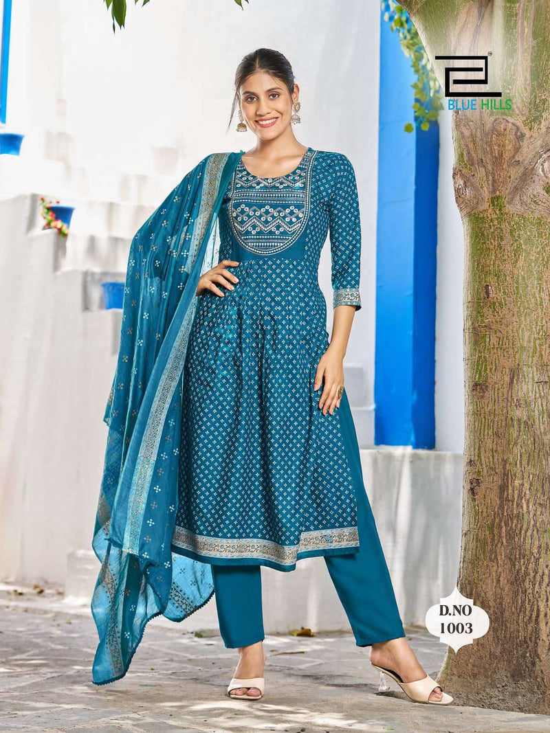 Blue Hills Present Festival Night Fancy 3pcs Set Amazing Nayra Cut Kurti With Pant And Chanderi Dupatta