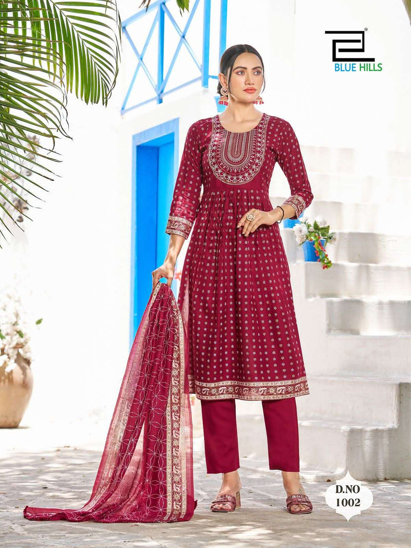 Blue Hills Present Festival Night Fancy 3pcs Set Amazing Nayra Cut Kurti With Pant And Chanderi Dupatta